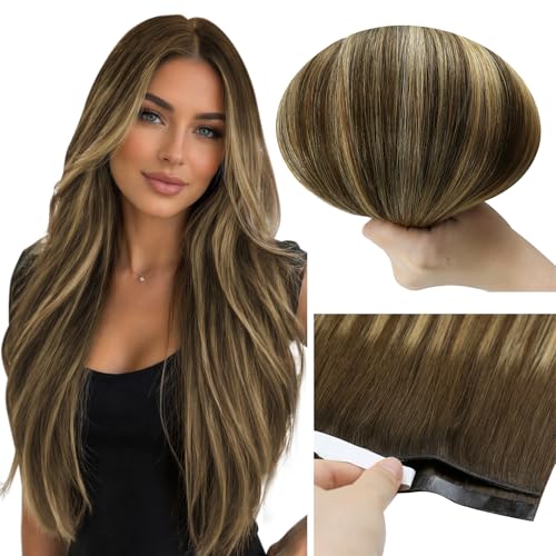 Image of Full Shine Tape Hair Extensions Real Human Hair Color 4 Medium Brown Ombre 24 Blonde And 4 Tape in Weft Hair Extensions Human Hair Remy Extension 50G One Piece Cuticles Aligned Natural 22Inch