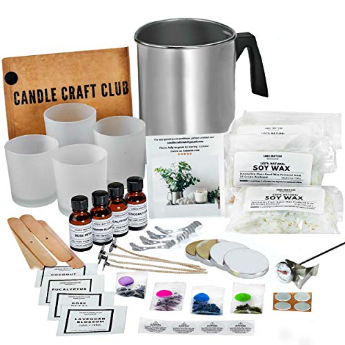 Candle Making Kit by Candle Craft Club - Natural Soy Wax Fun DIY Starter Set - Create 4 Premium Scented and Colored Candles - Supplies: Melting Pitcher, Glass Containers, Wicks, Dyes, Unique Scents