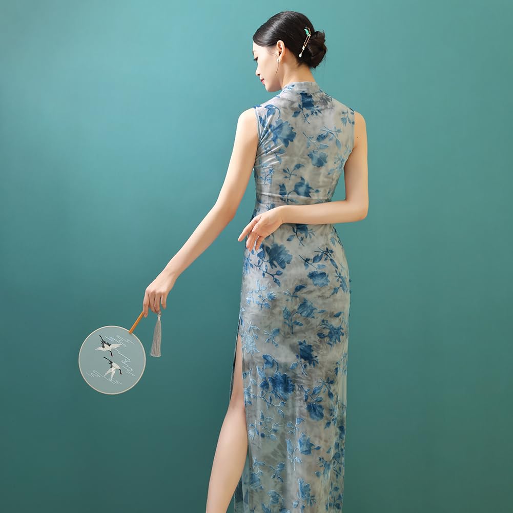 ROYAL SMEELA Cheongsam Velours pour Femme Qipao Imprimé Sexy Robe Qipao sans Manches Col Mandarin Robe Cheongsam Qipao Traditionnelle Chinoise Qipao Longue Adulte Robes Cheongsam Fente Bleu