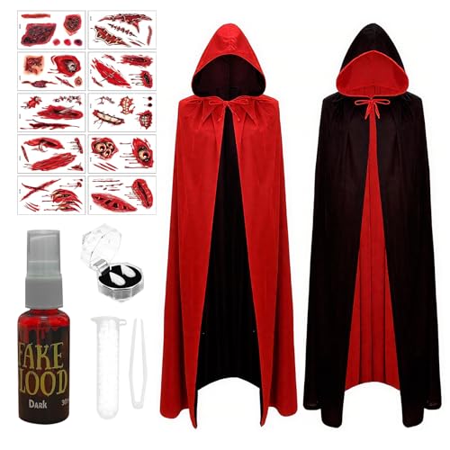 Jocanova 4 disfraces de vampiro para niños, disfraz de vampiro para niños, con 2 dientes de vampiro + 1 sangre artificial + 10 tatuajes temporales de Halloween, capa de vampiro negro y rojo (120 cm)
