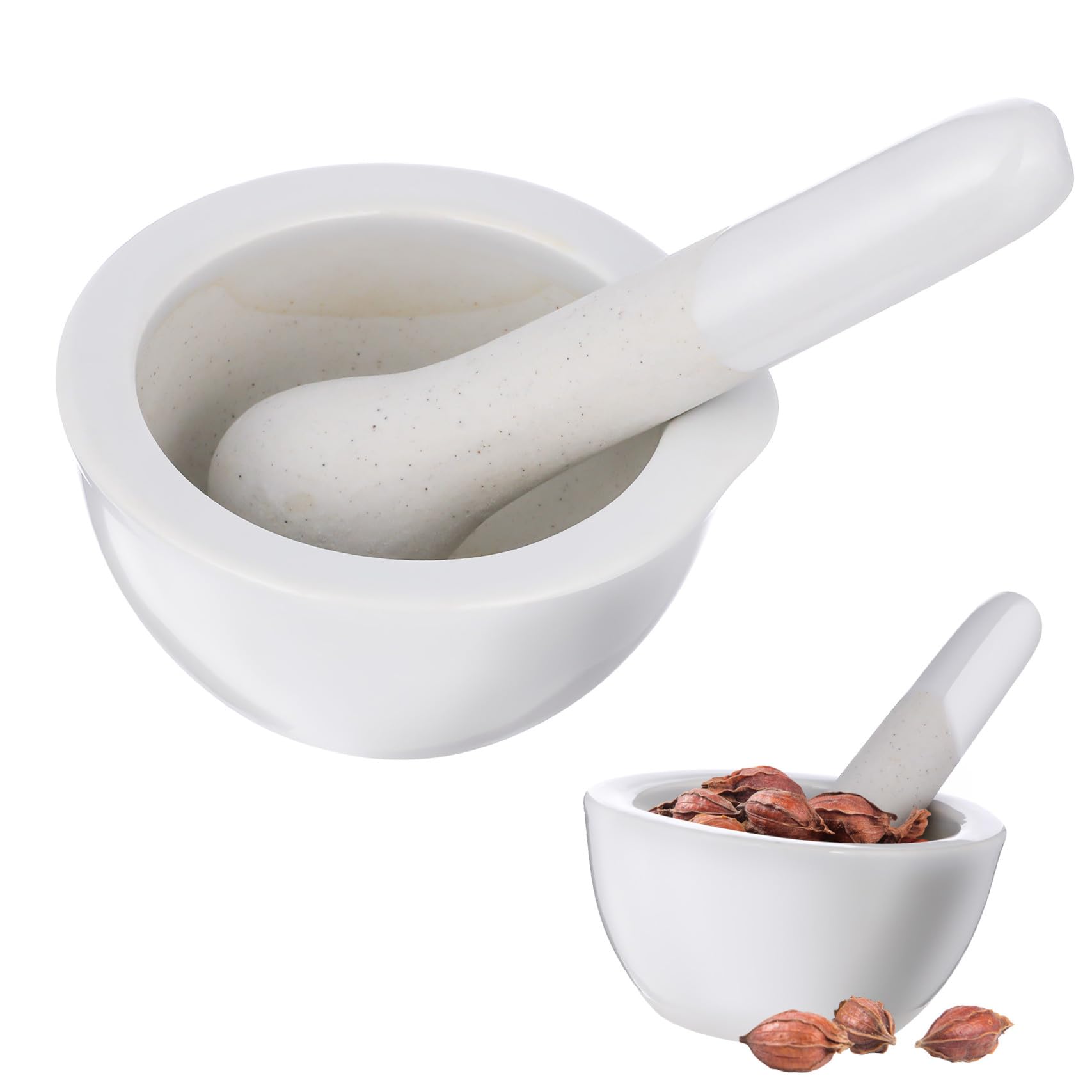 LABRIMP Mortier Pilon la Cuisine pour Broyer Comprimés et Compléments en Céramique Blanche, Bol Rond Fait Main, Lot de 2 Sets de Sets Usage la Cuisine et Laboratoire