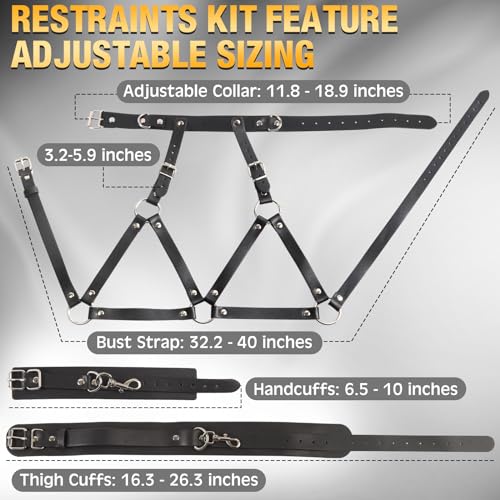 BDSM Bondageset Brustfesseln – Leder Geschirr mit Handschellen Oberschenkelmanschetten, Sexspielzeug für Paare Extrem Sex, Sexy Dessous Damen Harness von Hals bis Oberschenkel, Schwarz