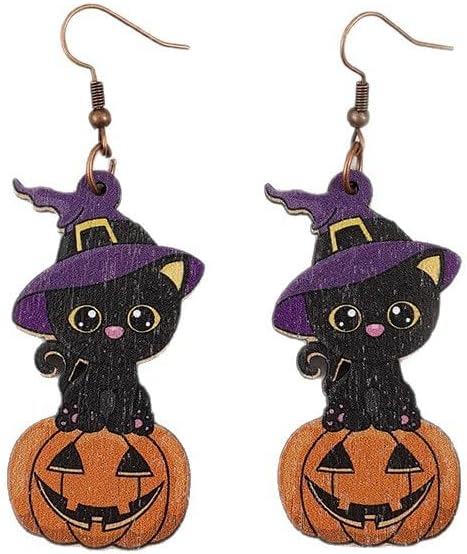 Vintage Halloween Pumpkin Wooden Drop Earring Retro Ghost Cat Wizard's Hat Bat Dangle Earrings Halloween Party Jewelry for Women