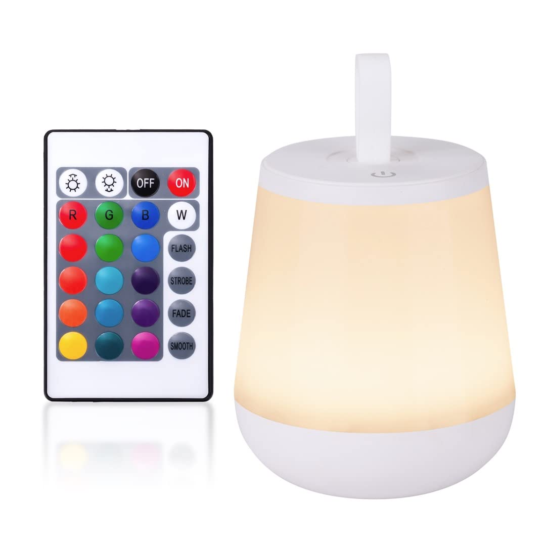 Lámpara táctil, luz nocturna LED portátil con puerto de carga USB rápida, luz blanca cálida regulable de 5 niveles y 16 colores RGB cambiantes para dormitorio, sala de estar, campamento al aire libre