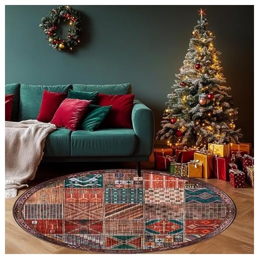 Grand Tapis Salon Rond, Round 200 cm, Vintage Motif Patchwork Rouge Rose Marron Orange Jaune Vert Bleu Contemporain Multicolore Designer Coloré Tapis Poils Ras