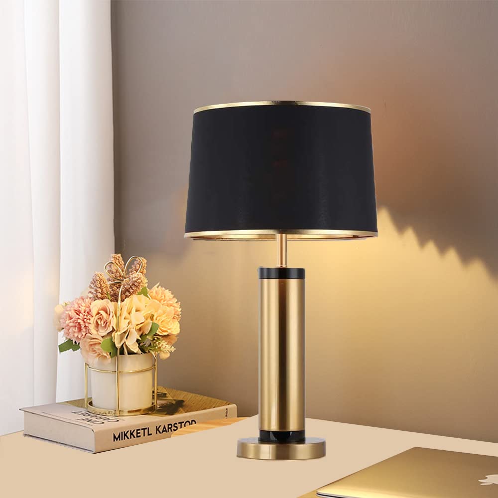 Lámpara de Mesa Blanca negro-metal Pantalla textil de tela para LED E27 Escritorio Salón Lámparas de Mesita de Noche Lámpara Escritorio estudio oficina Dormitorio Sala de Estar, Dorado (negro)