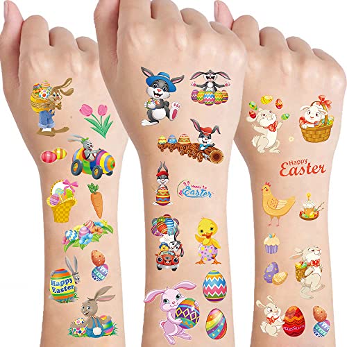 Easter Day Temporary Tattoos for Women Kids, Easter Egg Bunny Chick Temporary Tattoos Flowers Waterproof Face Body Fake Tattoos Stickers for Easter Day Party Decorations Supplies Favors, 10 Sheets