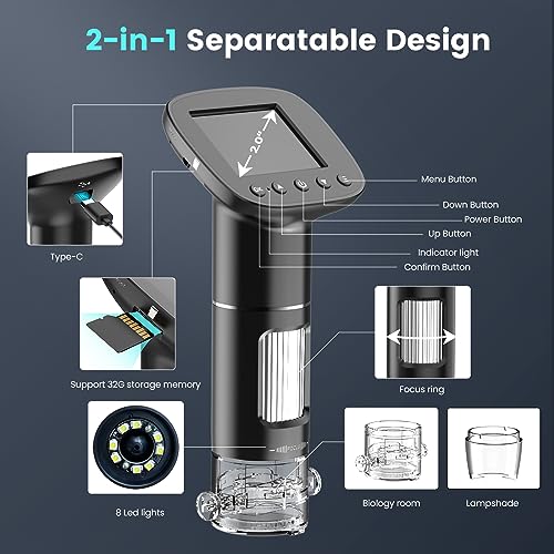 Image of Kids Microscope for Ages 8-12, Handheld Digital Microscope D-MS1 with 2 inch IPS Screen - Take Pictures & Videos - Download to PC & Mac - 1000X Pocket Microscope, Used Birthday for Kids