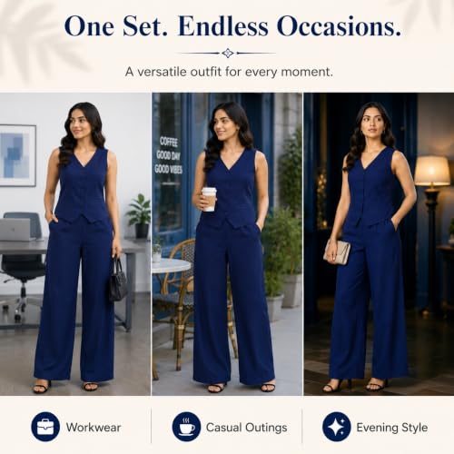 Image of Women Cotton Blend Western Co-Ord Set | Stylish Top & Pant Set for Women | Dress For Womens | Casual High Waist Solid Pant Outfit