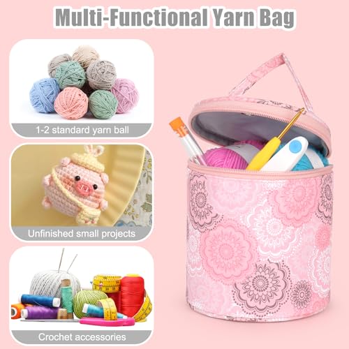 Image of Katech Mini Yarn Storage Bags, Portable Yarn Bag for Crocheting with Holes Organizer Crochet Thread Sewing Accessories Storage Tote Bag for Carry Crochet Hooks Skein Yarn (Pink Floral)
