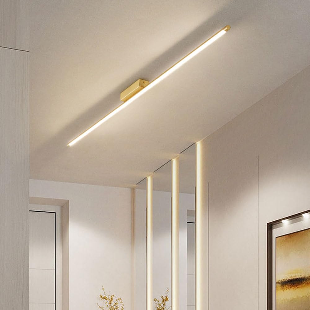 LYMSXAZOU Modern LED Linear Ceiling Light Semi-Recessed Copper Chandelier Stylish Illumination Fixture for Living Room Bedroom Dining Office Decor