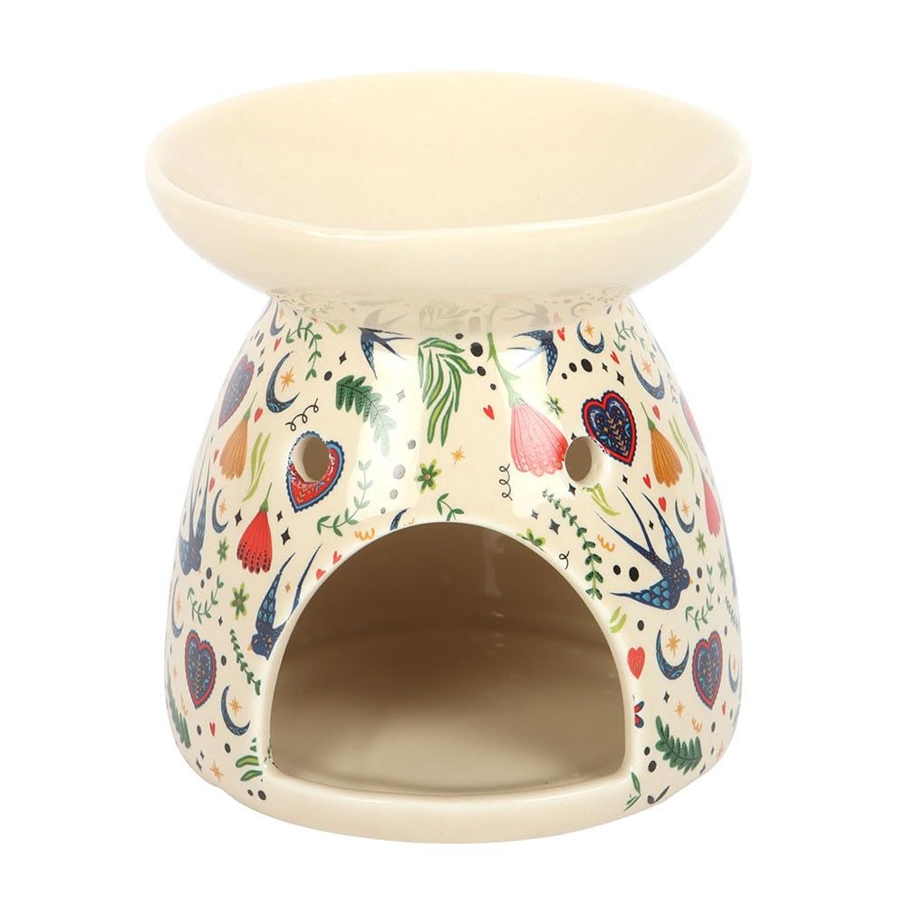 Cream Midnight Bloom Print Oil Burner | Ceramic Wax Melt & Fragrance Oil Burner | Folk Floral Design | Gift-Boxed Tealight Burner for Home Scent & Decor