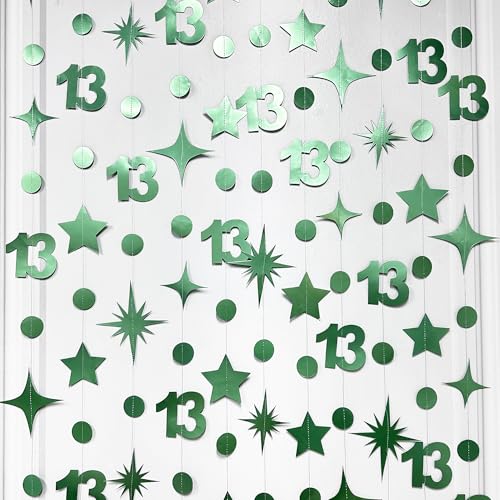 Image of Sage Green 13th Birthday Decorations Number 13 Circle Dot Twinkle Star Garland Metallic Hanging Streamer Banner Backdrop Girls Boys 13 Years Old Birthday Thirteen Official Teenager Party Supplies