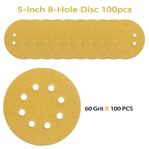 100PCS 5 Inch 8 Hole Sanding Discs 60 Grit,Gold Round Hook and Loop Sandpaper for Random Orbital Sander