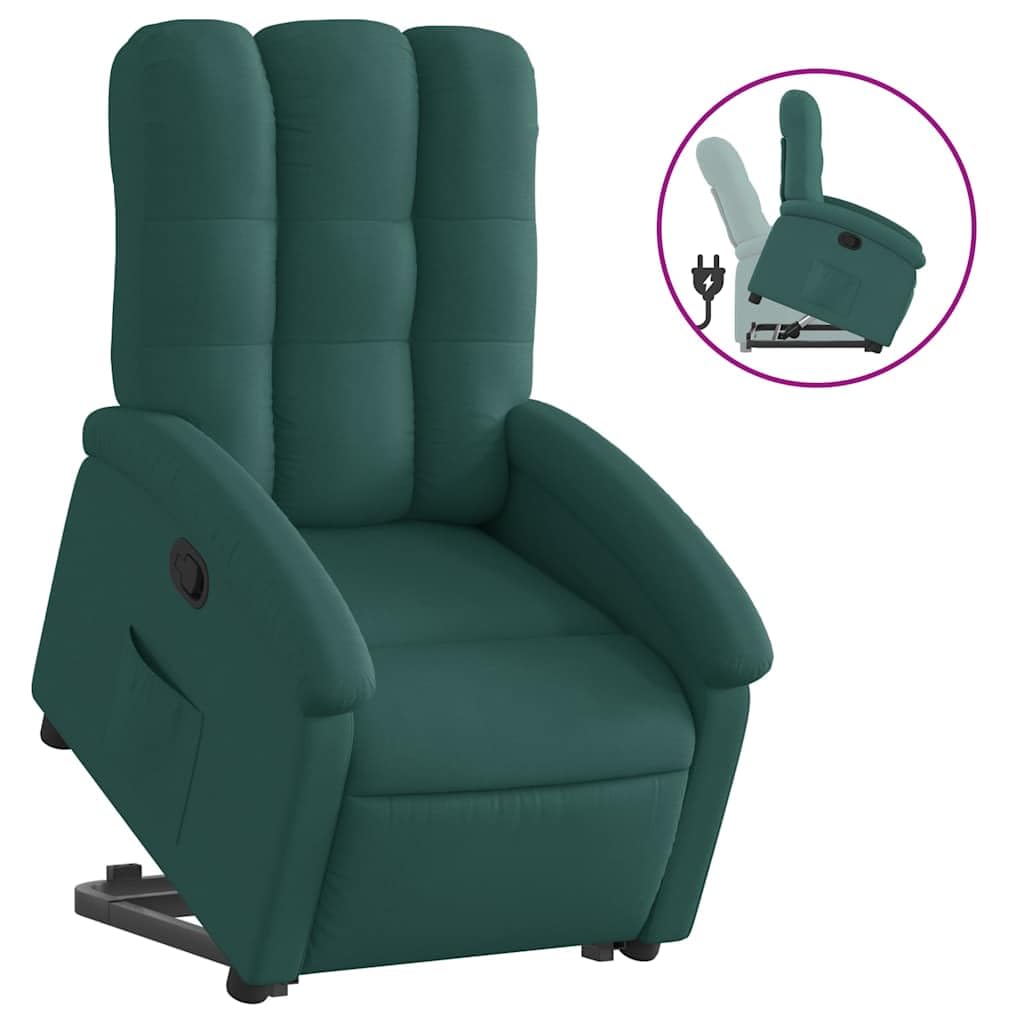 Sillón elevador reclinable verde oscuro de tela con motor eléctrico y función manual para elevación e inclinación hasta 135 grados