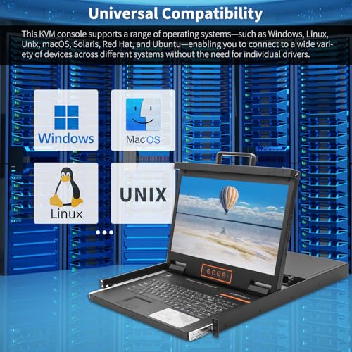Image of 8 Port Rack Mount KVM Console 18.5-Inch Full HD, Standard 1U VGA KVM Switch + Keyboard Touchpad, 16:9 Aspect Ratio 1920 x 1080, OSD /Hotkey /Button Switching,Fits 19 inch Rack, 8 VGA USB KVM Cables Included