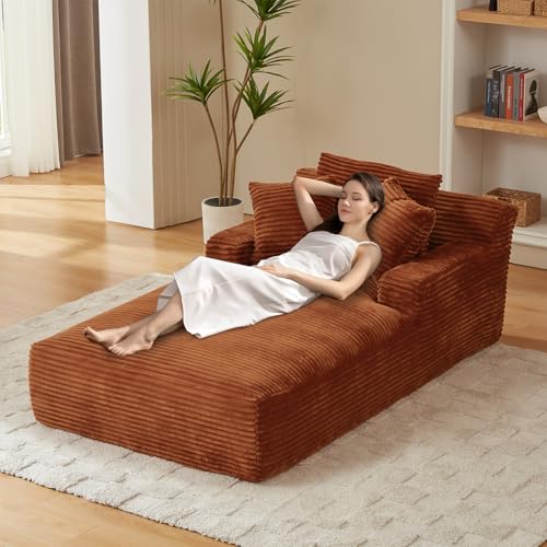 Image of 80 Inch Chaise Lounge Chair Indoor, Oversized Corduroy Upholstered Boneless Sofa Bed, Deep Seat Sleeper Couch Reading Chairs, Cloud Sofas Couches for Living Room, No Assembly Required (Brown)