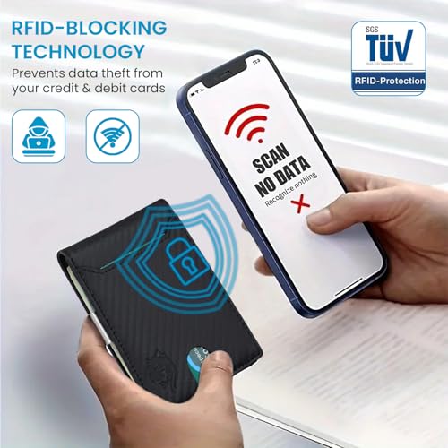 Mens Wallet | 11 Credit Card Holder | Built-In Money Clip | Slim Minimalist | RFID Blocking | Premium Leather | Gift for Him, Carbon, SNM0974