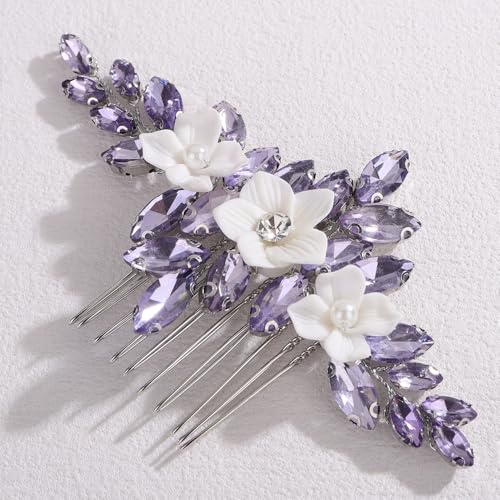 Peine para cabello con flores y rhinestones morado claro miniatura 3