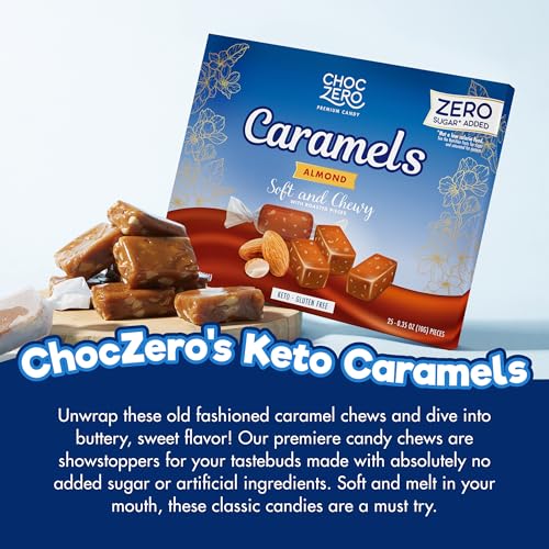 ChocZero Sugar Free Almond Caramels, Soft and Chewy with Roasted Almonds, Keto Candy, All Natural, Low Carb Snack (9oz Box)