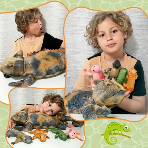 Image of Lizard Stuffed Animal with 4 Babies, 27 inch Gray Chameleon Plush Toy