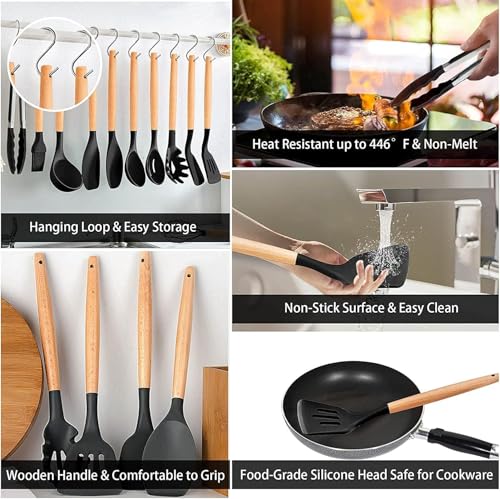 Image of Silicone Spatula Set, Spatula Set with Wooden Handle for Cooking and Mixing, for Non Stick Pan, Kitchen Tools Set of (12, Black)