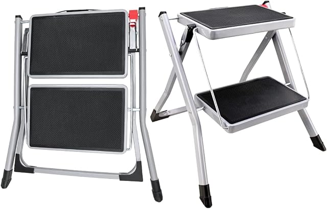 Heilmetz Folding Step Ladder 2 Step Ladder Anti-Slip Stable Compact with Handgrip for Kitchen Home Adult 150KG, Grey