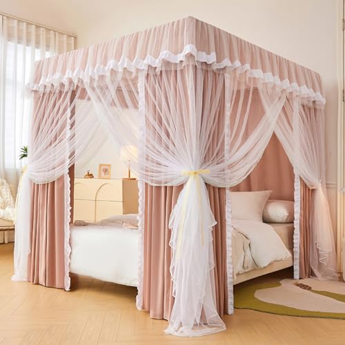HDSDVNON Dosel de Cama de Color Liso con 4 Postes en Las Esquinas, Cortina de Doble Capa y mosquitera de Princesa for decoración de Dormitorio de niñas y Adultos.(70' W x 86' L (Pack of 1),Brown-2)
