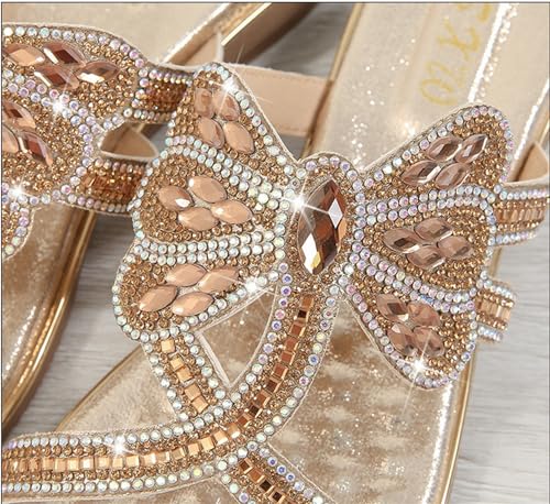 Women's Flat Sandals Summer Beach Sandal T-Strap Rhinestone Beaded Bohemia Shoes3