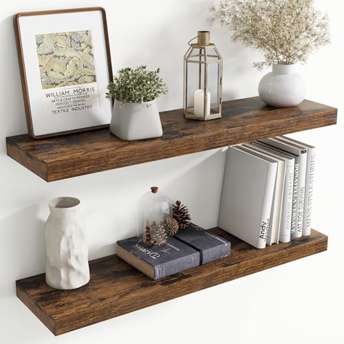 Image of 36 Inch Floating Shelves for Wall, 8 Inch Deep Floating Shelf for Storage & Display, Wall Mounted Shelf with Invisible Brackets for Living Room, Kitchen, Bathroom, Home Decor, Set of 2, Rustic Brown