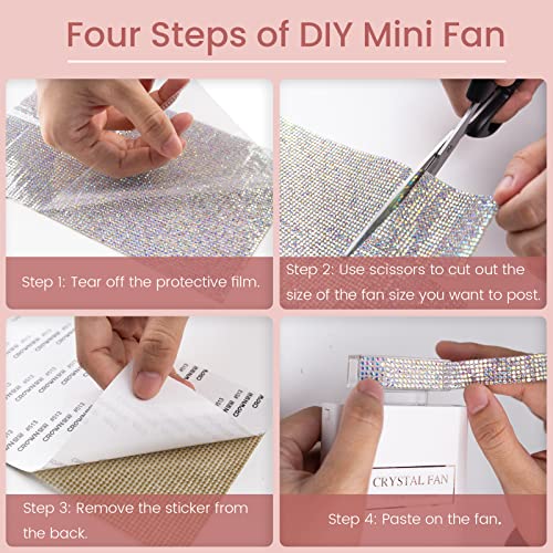 LIGHTDESIRE DIY Bling Crystal Rhinestones Handheld Fan, Mini Personal Fan, Cooling Small Fan Rechargeable 3 Speeds Mode with Crystal Rhinestones Sticker Sheet(White Fan with Diy Diamon)