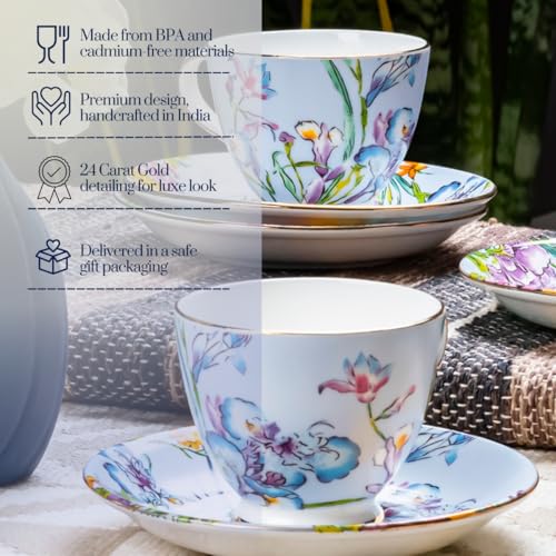 Image of GOLDEN QUEEN'S Cup & Saucer Set | Perfect for Hosting & for Tea /Coffee Lovers | Handcrafted in India, Inspired by Florals & 24-Carat Gold Rim | 6 Cups & 6 Saucers |170 ml - Blue Floral Songbird