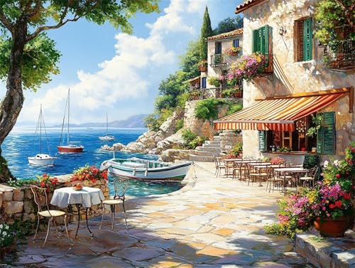 Pintura por Números para Adultos Paisaje Pintar por Numeros Niños Principiantes Mar,DIY Kit de Pintura al óleo de Lienzo con Pinceles,Paint by Numbers Pigmento Acrílico,Mujer Regalo 90x120cm E1-1302