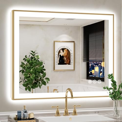 Image of 40x32 LED Bathroom Mirror with Lights, Gold Framed Lighted Mirror | Backlit and Front light, Anti-Fog, 3 Color Dimmable, Memory, Tempered Glass, IP54 Waterproof, UL Listed