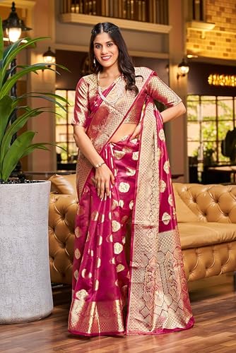 Image of SWORNOF Women's kanjivaram banarasi silk saree Zari Woven for festival Wedding silk with rich pallu Design sarees for women with Unstitched blouse piece