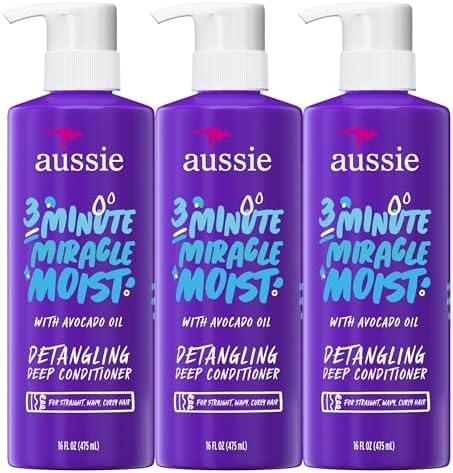 Aussie 3 Minute Miracle Moist Deep Conditioner for Dry Hair, Avocado & Jojoba Oil, Safe for Color Treated Hair, Nourishing Hydration, Silky Shine, Paraben-Free, 16 Fl Oz Each, Triple Pack