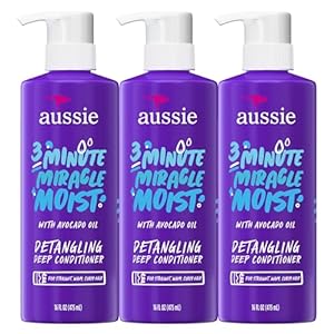 Aussie 3 Minute Miracle Moist Deep Conditioner for Dry Hair, Avocado & Jojoba Oil, Safe for Color Treated Hair, Nourishing Hydration, Silky Shine, Paraben-Free, 16 Fl Oz Each, Triple Pack