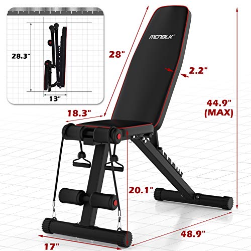 MCNBLK Adjustable Weight Bench 400lbs Capacity, Incline Decline Weight Lifting Workout Bench Home Gym, Multi-Position Utility Bench for Full Body Workout, Folding Dumbbells Bench with Elastic Ropes