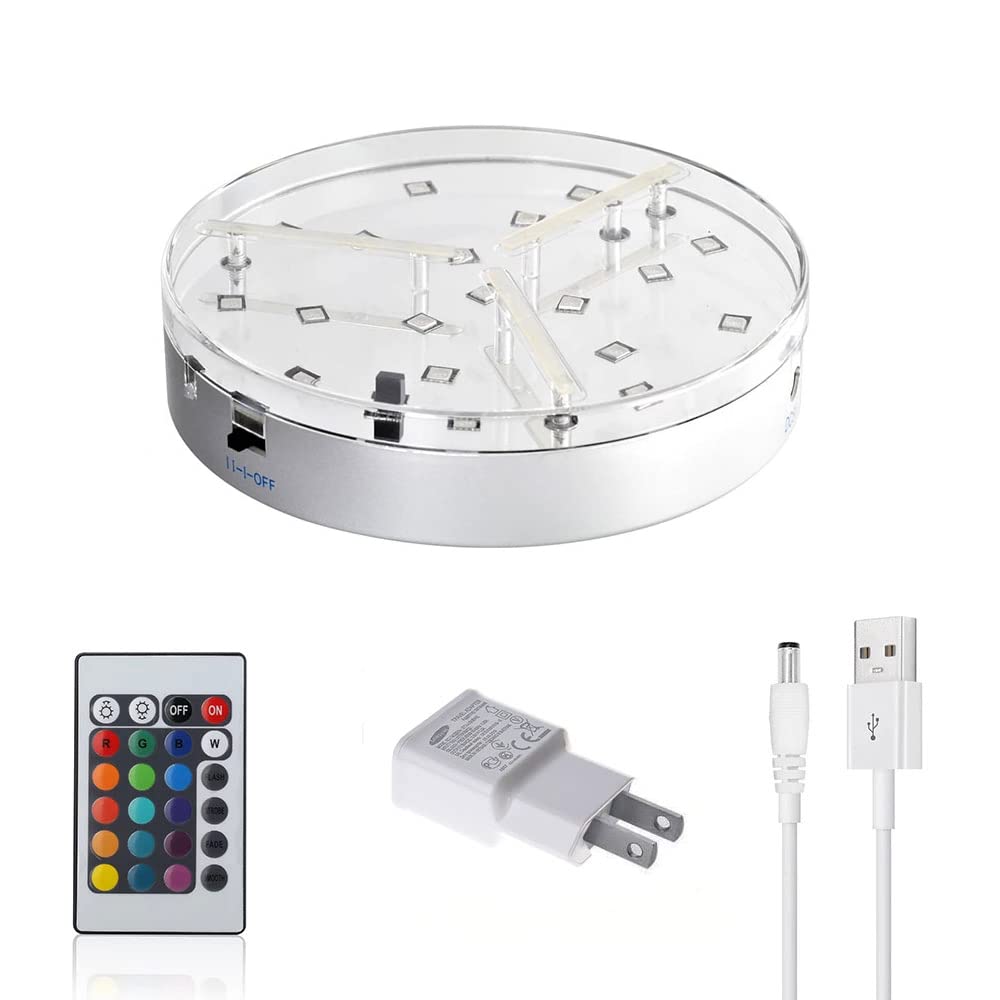 6inch Under Vase Light - Multicolors RGB LED Base Vase Light Base with Remote Control 6"X1.4" Round Wedding Centerpiece Lights Rechargeable Battery Powered for Home Celebrations Party Lighting