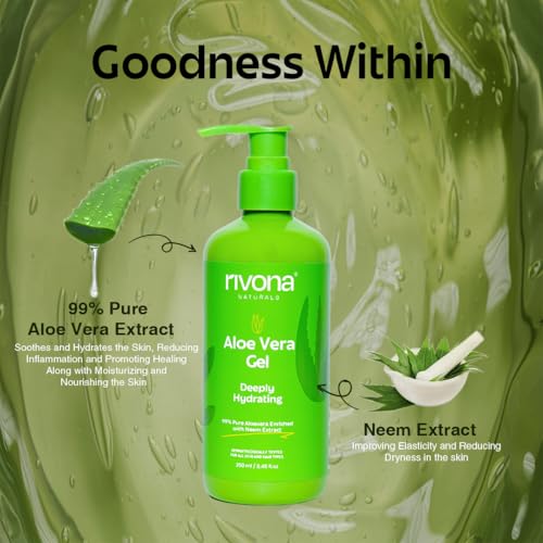 Image of Rivona Naturals 99% Pure Organic Aloe Vera Gel with Neem | For Face, Skin & Hair | Hydrating, Moisturizing & Soothing | Multipurpose Gel for Men & Women (250ml)