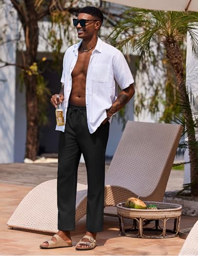 COOFANDY Mens Linen Casual Pants Lightweight Drawstring Beach Pants Elastic Waist Cropped Pants2