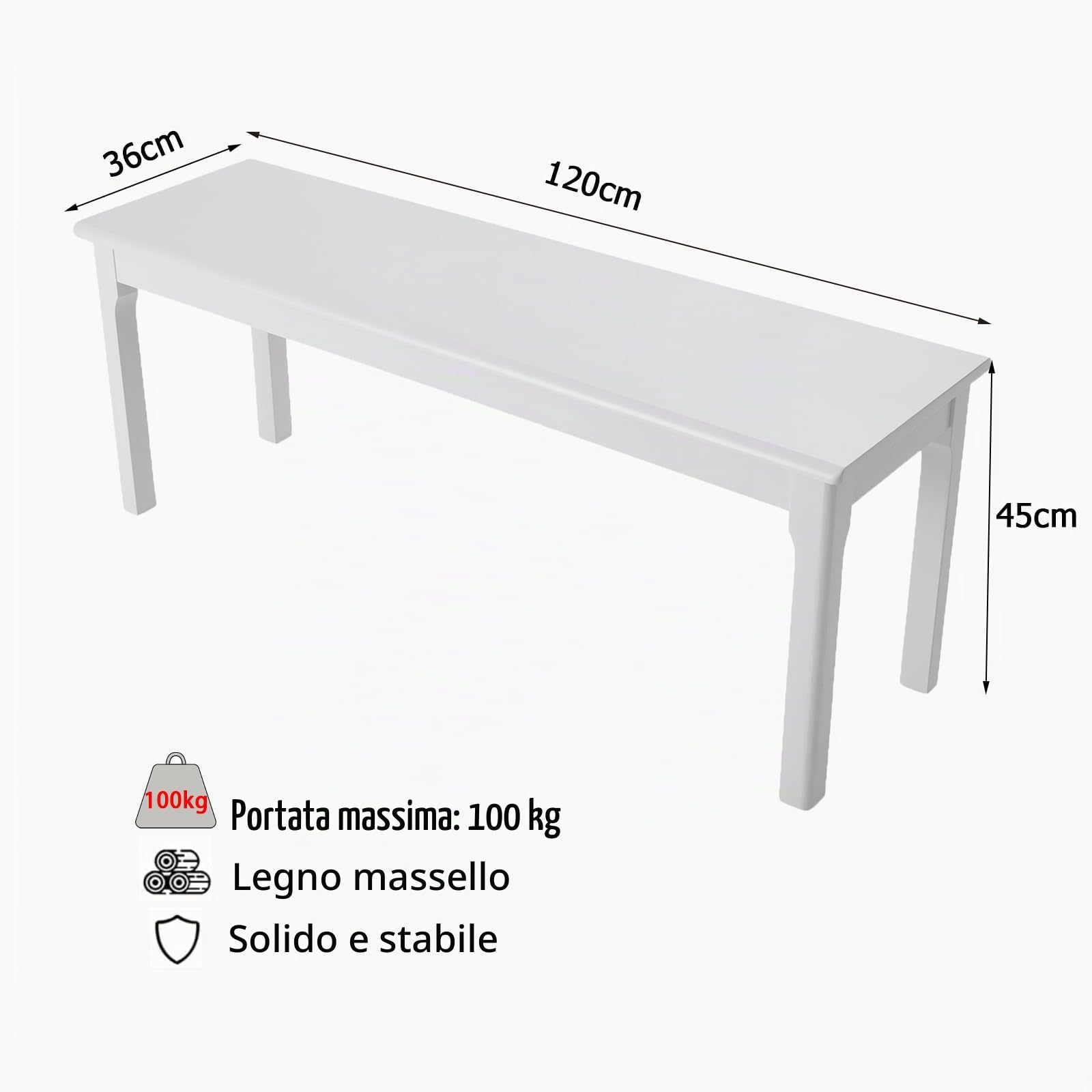 Panca in legno di quercia massiccio, per camera da letto, casa, tavolo da pranzo, 120 x 36 x 40 cm, bianco