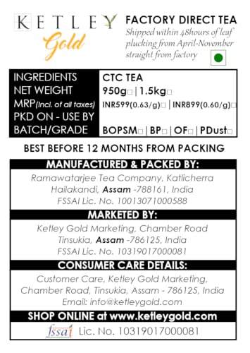 Image of Ketley Gold Assam Tea - Factory Direct, 1500g | Garden Fresh shipped within 48 Hours of Plucking from Katlicherra Tea Estate