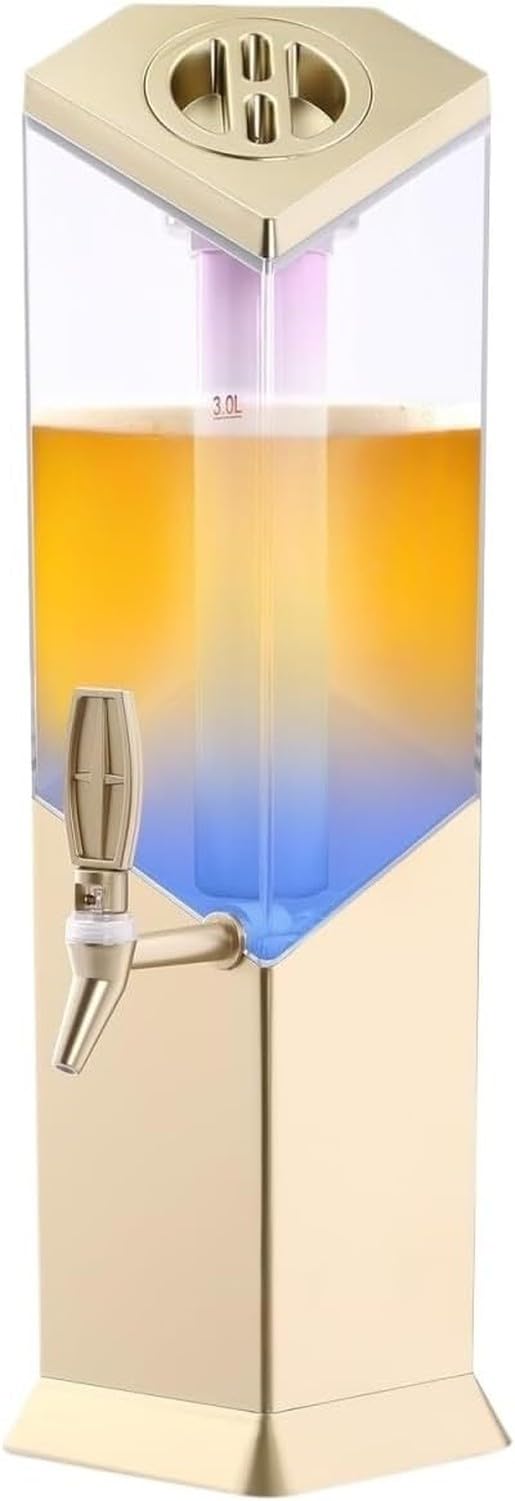 WOMGKDA 3 Litre Juice Dispenser Server for Parties with Spigot, Ice Core and Water Container Drink Tower for Beverages, Gold, 6.1x22.83inch