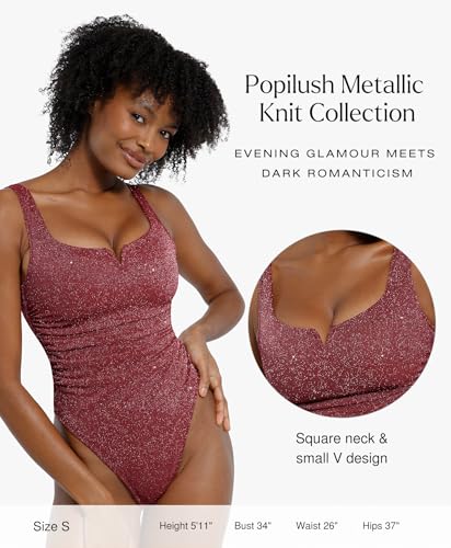 Image of Popilush Sparkly Tops for Women - Square Neck Shapewear Bodysuit Tummy Control Sleeveless Body suit Going Out Tank Tops