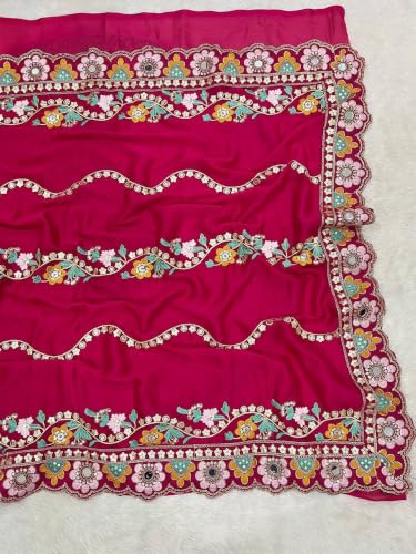 Image of AKHILAM Women's Pure Georgette Embroidered Saree With Unstitched Blouse Piece