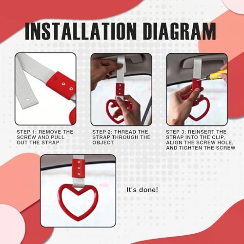 Image of 2PCS Heart Shaped Car Handle Straps, Rear Bumper Warning Keychain Ring for Car Exterior Accessories (Red-Silver)