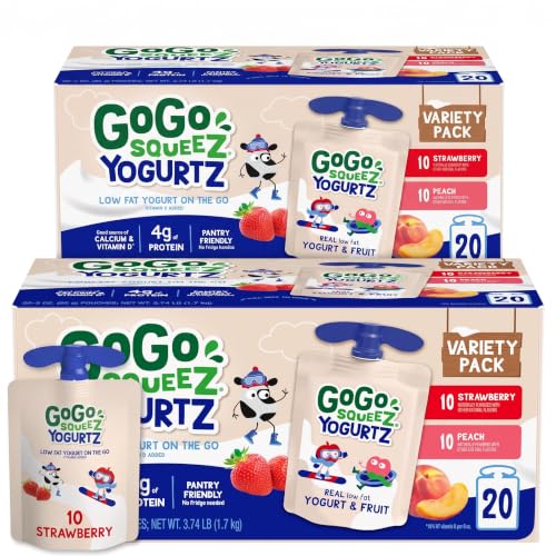 GoGo squeeZ YogurtZ Variety Pack,Strawberry &amp; Peach,3 oz,Kids Snacks Made with Real Yogurt and Fruit,No Fridge Needed,Gluten Free,Nut Free,Recloseable Cap,BPA-Free Pouches,(Pack of 40)