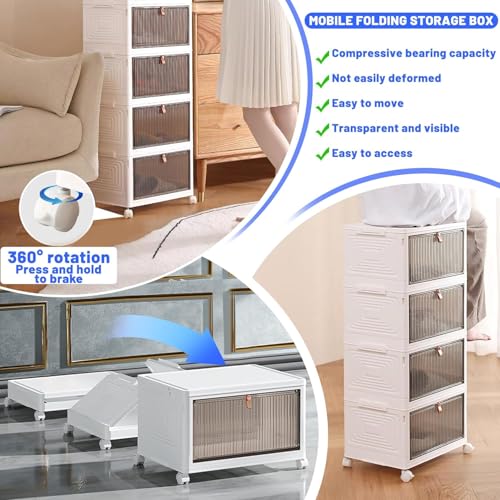 Image of 5 Pack Plastic Cupboard for Storage Multipurpose Stackable Cabinet Drawer, Foldable Wardrobe Organizer for Clothes, Kitchen Storage Cabinet, Modular Almirah with Magnetic Doors, Wheels (White)
