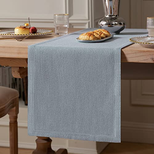 Image of ZeeMart Burlap Style Farmhouse Table Runners 90 Inches Long, Dusty Blue Rustic Woven Dining Table Runner for Everyday Use, 14x90 Inches, Light Dusty Blue